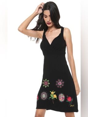 Desigual Angelika Black Sleeveless Midi Dress with Colorful Floral Embroidery